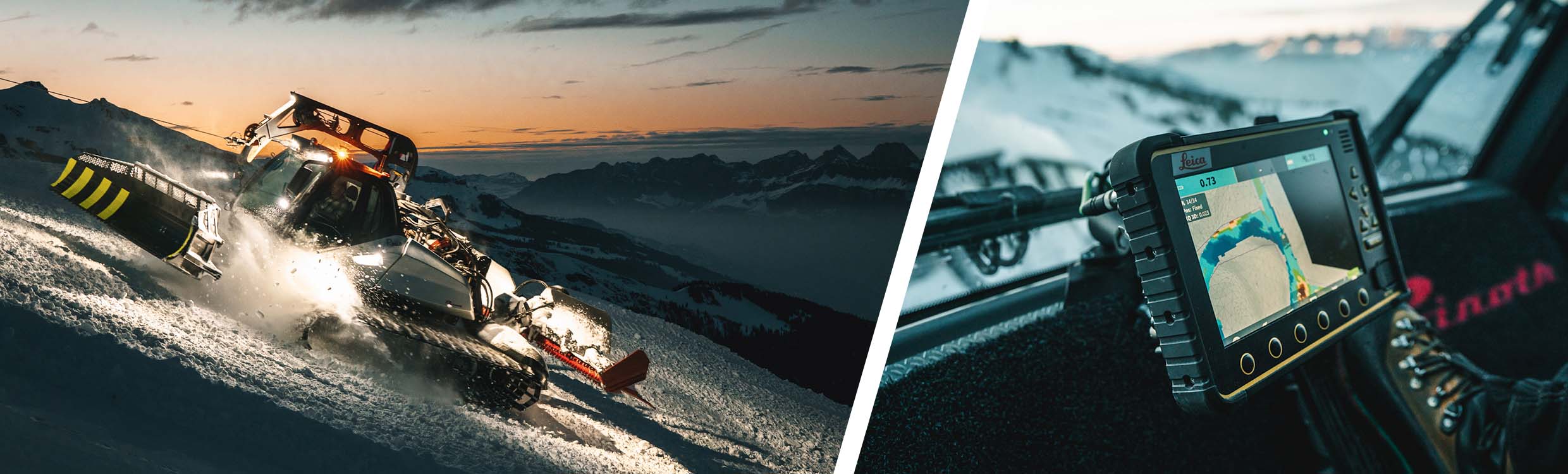 Prinoth snowgroomer prepared the slopes at sunset with Leica MC1 alpine snow management machine control solution. 