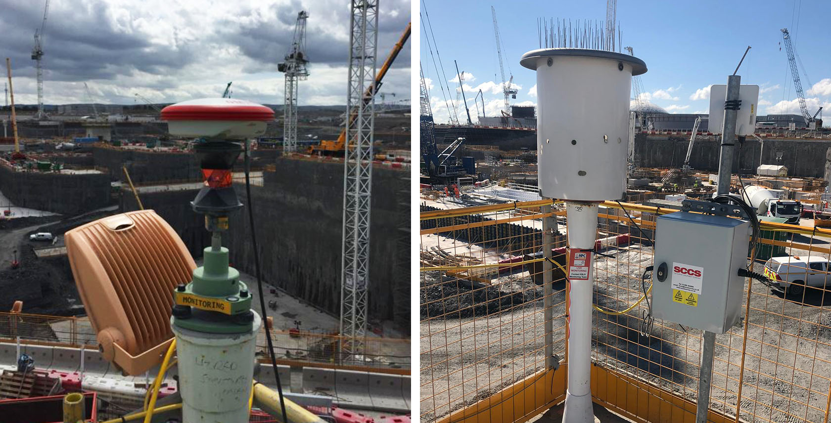 Image 3 (left): GNSS/360° prism survey control point. Image 4 (right): ATS with control box, WLAN radio and mounting post