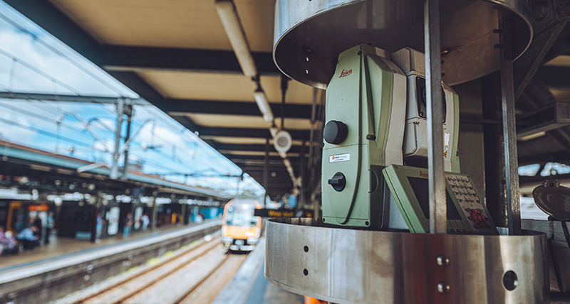 View of Train at Sydney's Central Station being monitored by a Leica TM50 Total Station