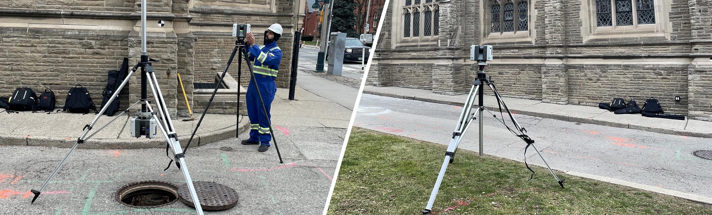 Operator and Leica RTC360 laser scanner outside St. George Campus at the university of Toronto