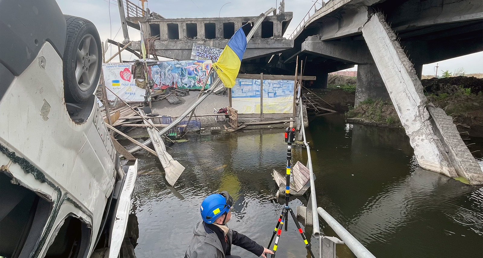 3D Laser Scanning expert Emmanuel Durand scans the destroyed Irpin Bridge in Ukraine on the outskirts of Kyiv with the BLK360 G1