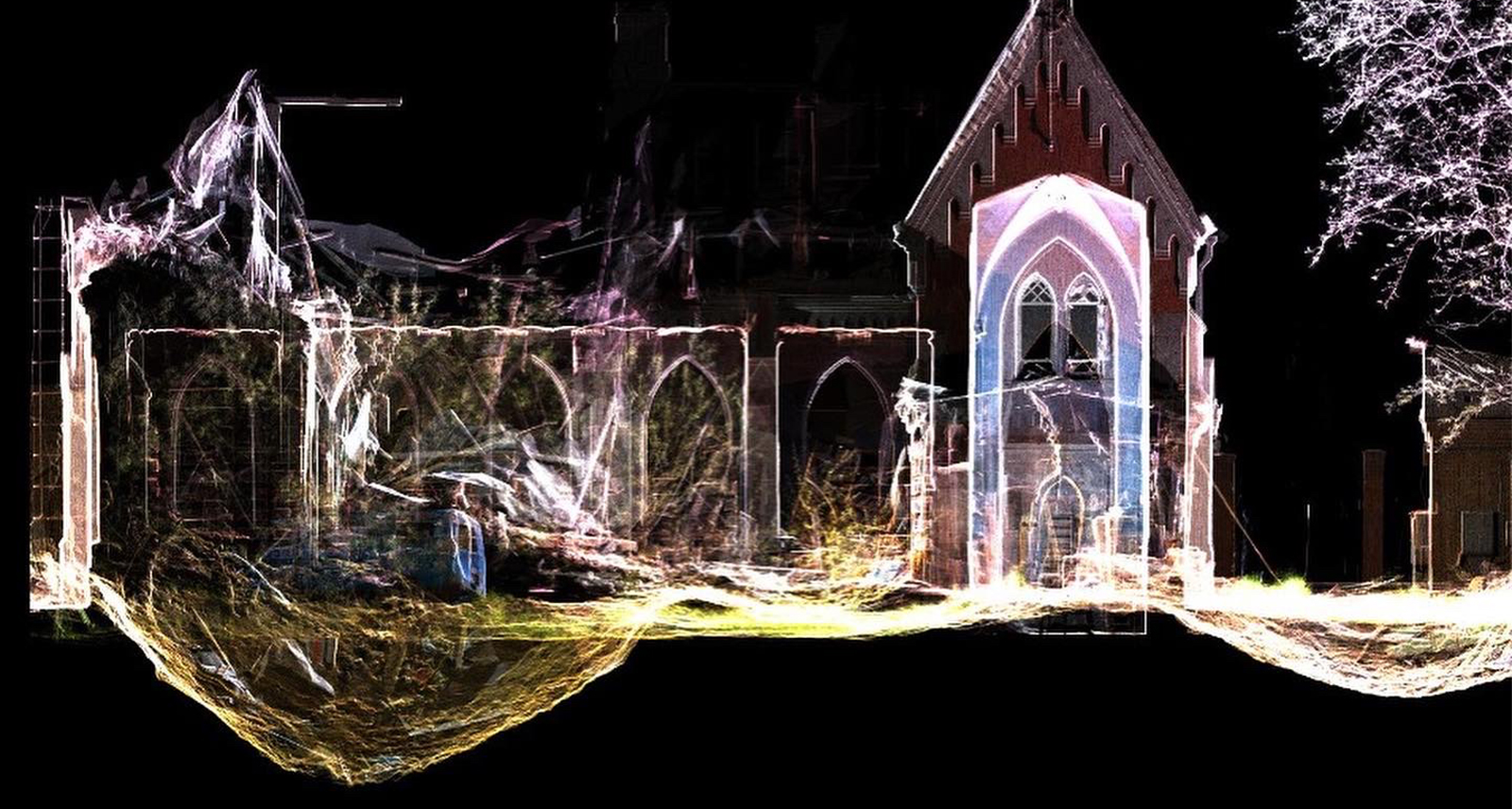 3D Laser Scanning render of a church in Ukraine. A crater can be seen in the transparency. Scan captured with the BLK360 G1. 