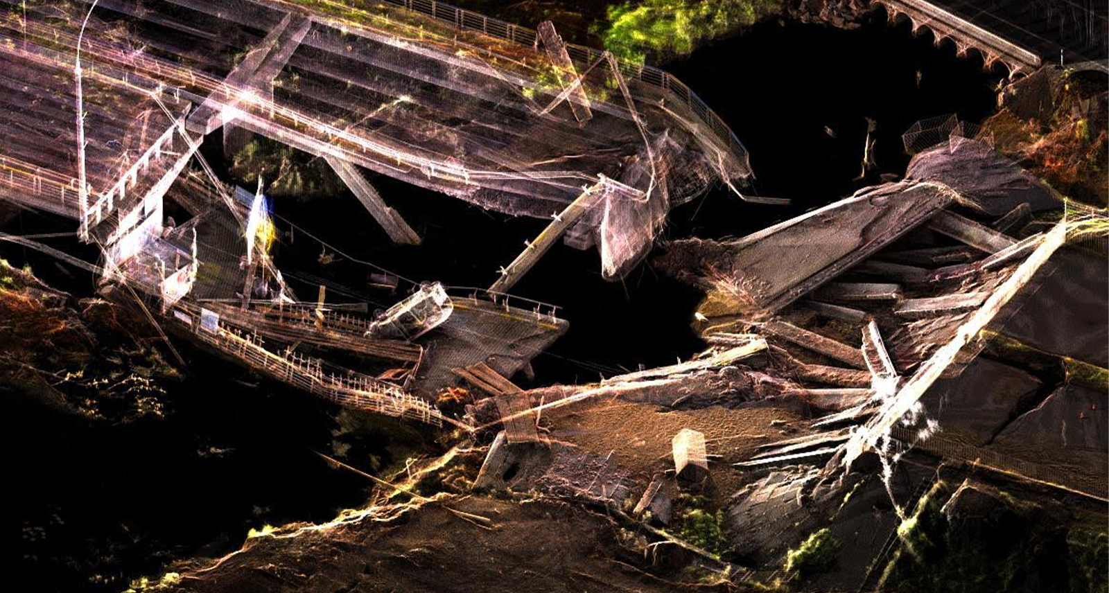 3D Laser Scanning render of the destroyed Irpin Bridge in the outskirts of Kyiv, in Ukraine. Scan captured with the BLK360 G1. 