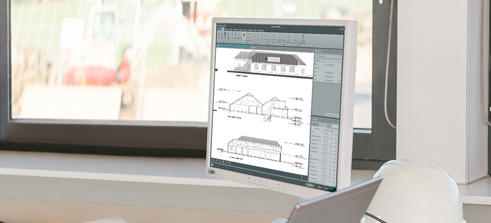 Bouwkundig constructeur aan het werk met dwarsprofielen boerderij