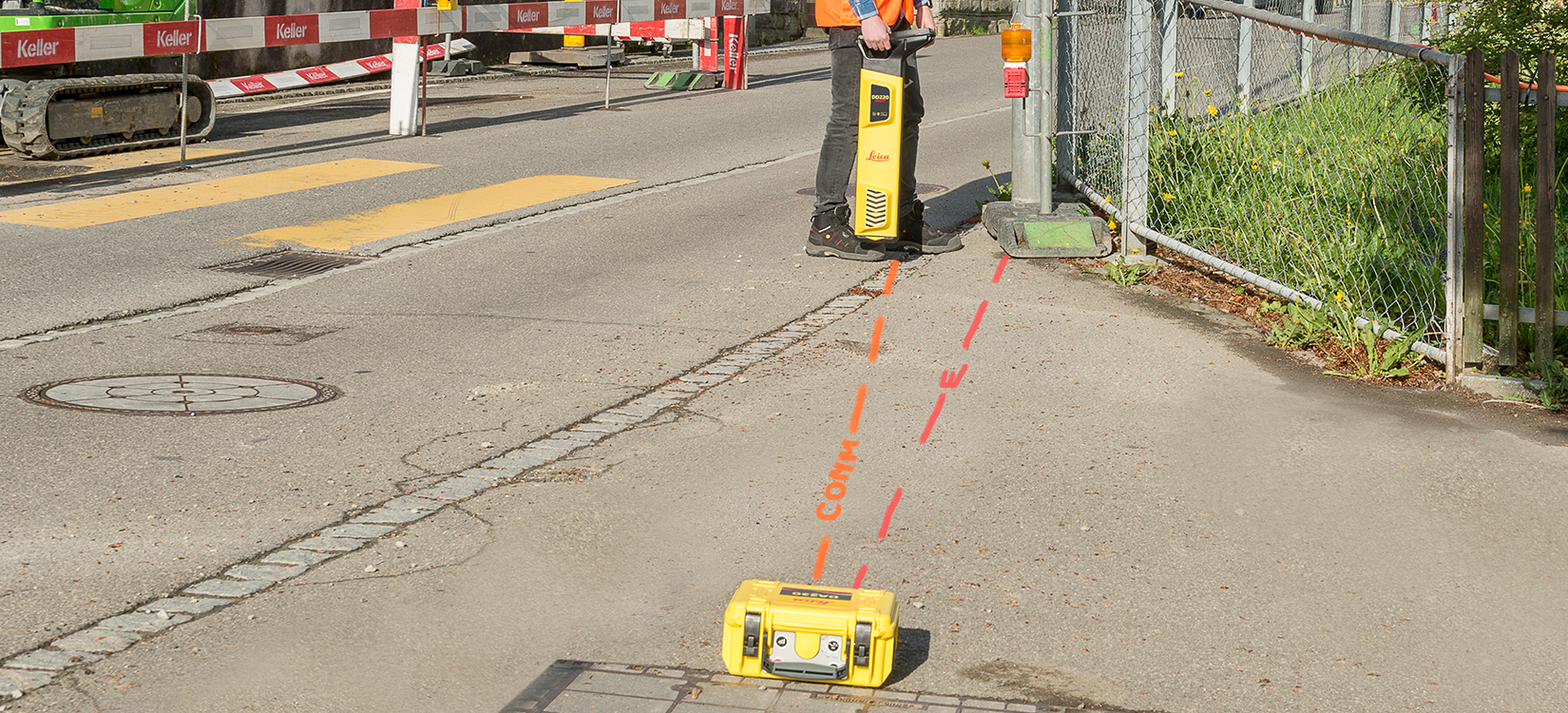 Detectie ondergrondse nutsvoorzieningen met kabelzoeker en actief inductiesignaal via Leica signaalgenerator