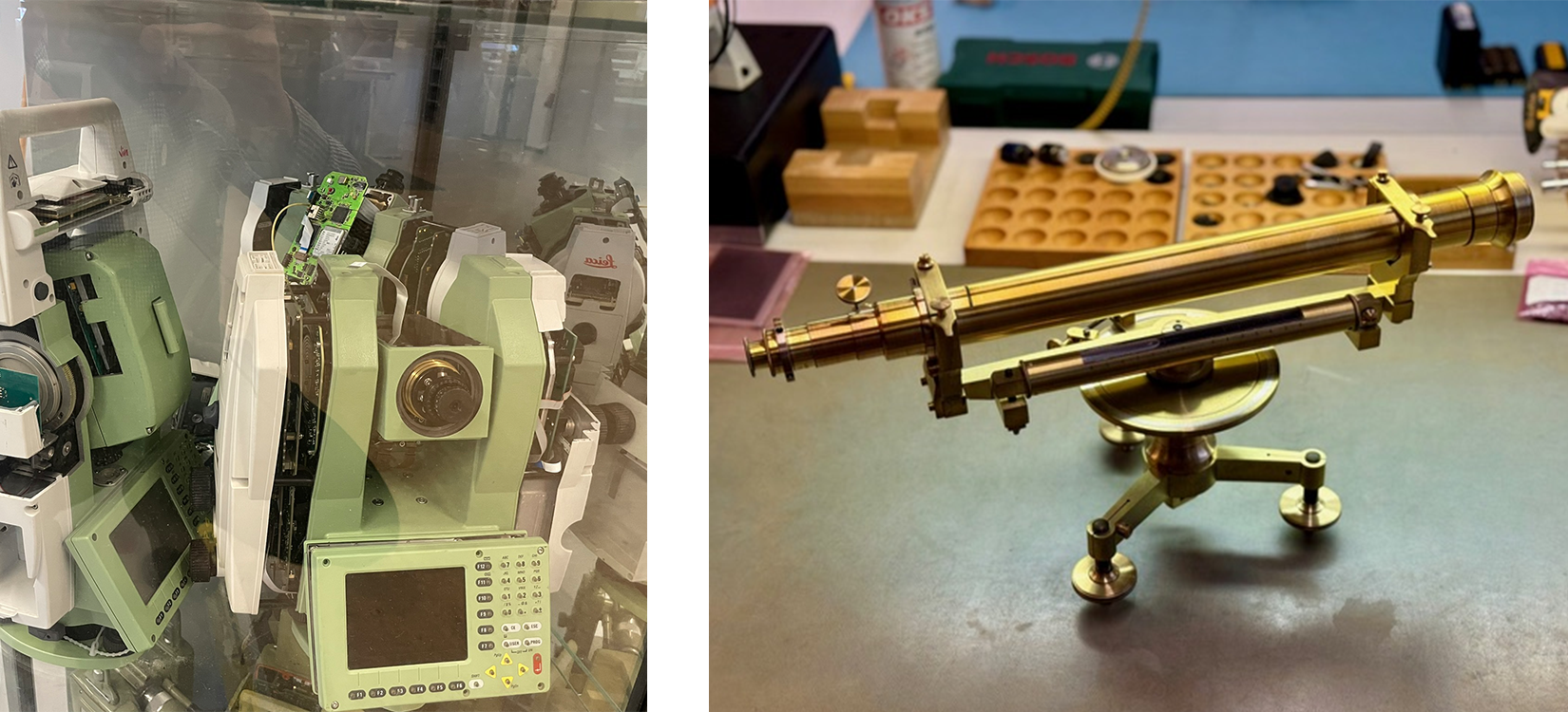 Opengewerkte total station en Cirkel-waterpasinstrument gemaakt door Firma Gebr. Caminada tussen 1850 en 1900