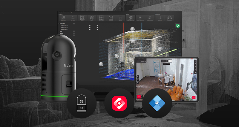 Image de Leica BLK360 SE Essentials superposée à un jeu de données de nuage de points : Leica BLK360 SE, logiciel Leica Cyclone FIELD 360 sur un iPad et logiciel PinPoint sur un écran d’ordinateur.