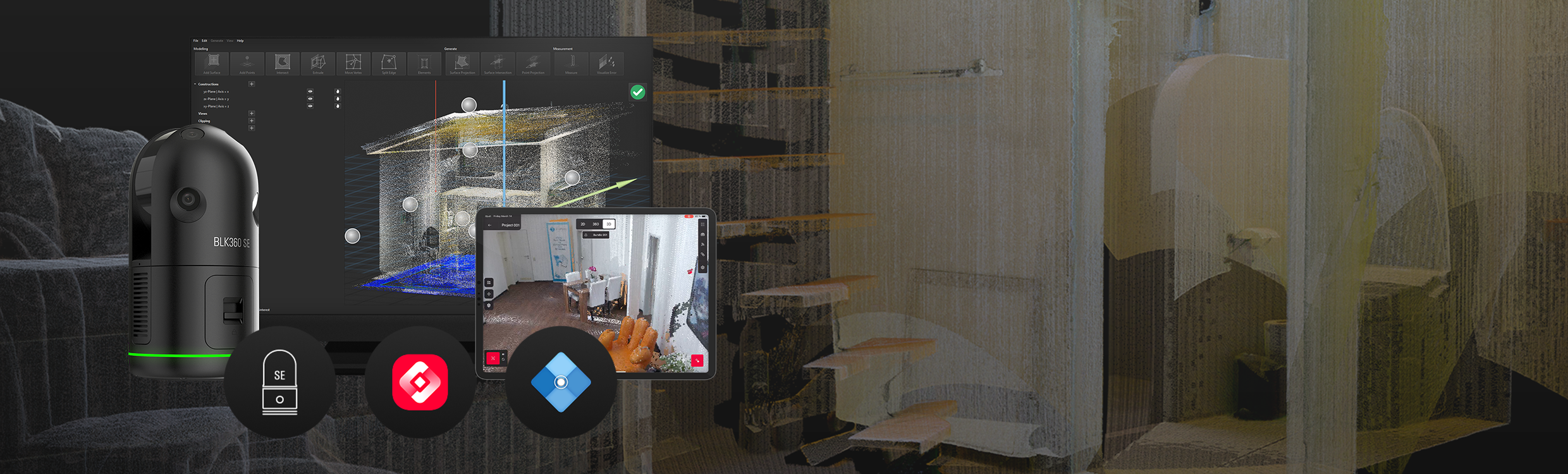 Image of Leica BLK360 SE Essentials overlaying a point cloud dataset: Leica BLK360 SE, Leica Cyclone FIELD 360 software in an iPad, and Pinpoint software on a computer monitor.