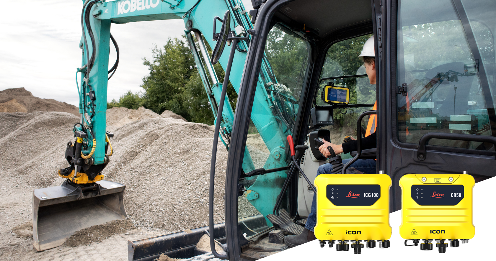 Récepteur Leica iCON gps100 et radio de communication GNSS Leica CR50 pour la solution Leica iCON site excavator destinée aux pelles compactes.