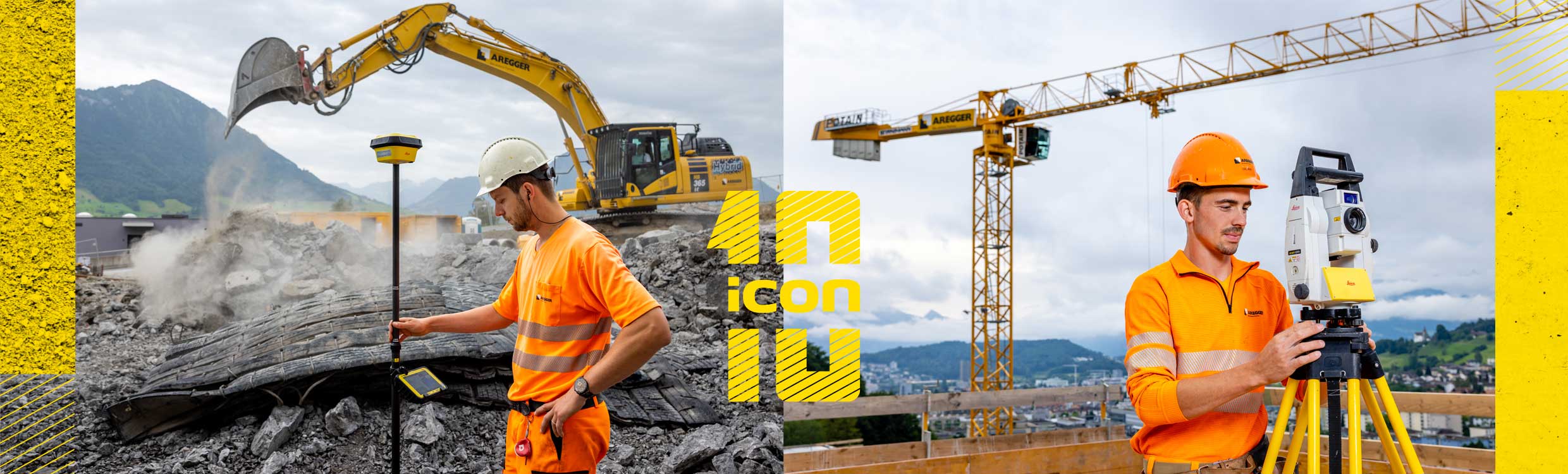 Construction worker with an excavator on the background and measuring with a construction GNSS antenna. Construction worker with a total station and a tower crane on the background. 