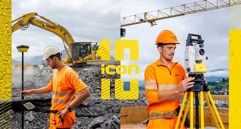 Construction worker with an excavator on the background and measuring with a construction GNSS antenna. Construction worker with a total station and a tower crane on the background.