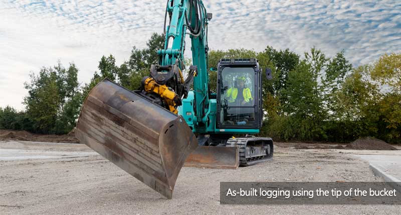 Kobelco excavator using the Leica iCON excavator solution and tilting the bucket to do an as-built log. 
