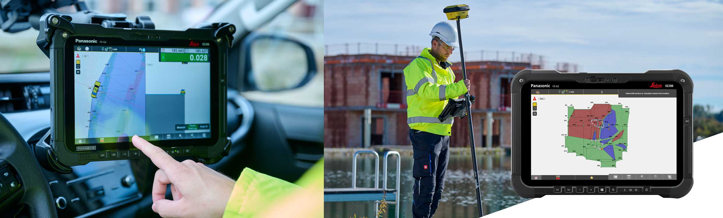 An Leica iCON CC200 tablet/field controller used on a pick up truck and on a surveying pole with an iCON GNSS Smart Antenna for heavy construction applications. 