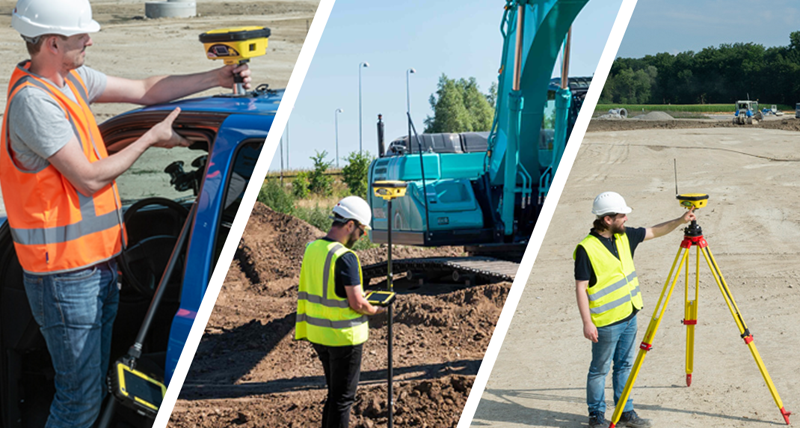 Image fractionnée en trois montrant le Leica iCON GPS 60 sur un véhicule, sur une implantation régulière et comme station de référence.