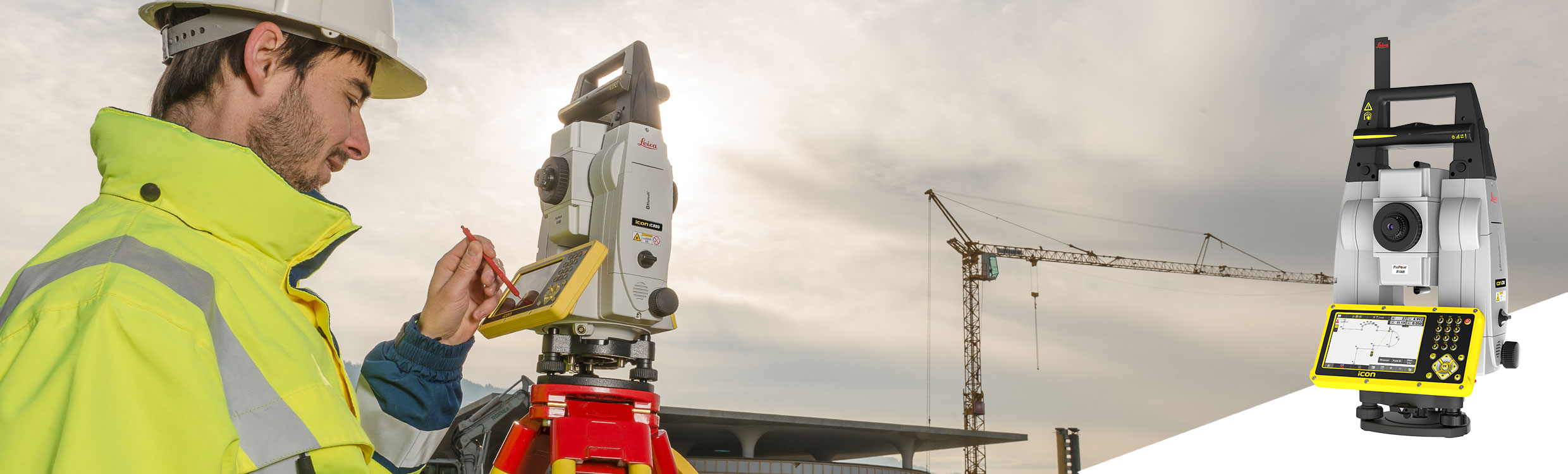 Construction worker is operating a Leica iCON iCR80 construction robotic total station in outside construction site.