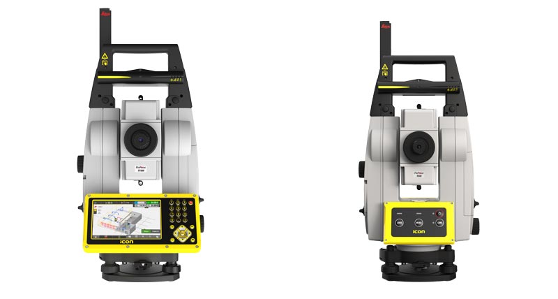 Leica iCON iCR70 and iCR80 construction robotic total stations on white background.