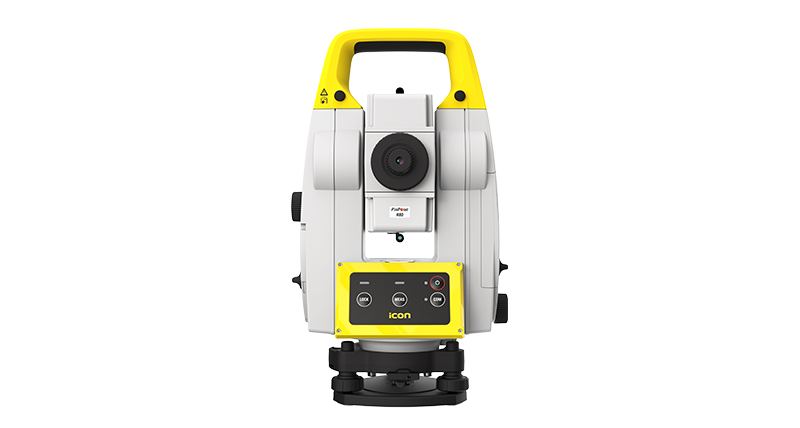 Leica iCON iCT30 robotische maatvoeringstool voor de bouw op een witte achtergrond.