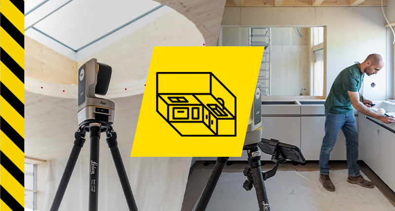 Travailleur utilisant le Leica iCON vPen et l’outil de construction robotisé Leica iCON iCS50 pour mesurer le plan de travail d’une cuisine.