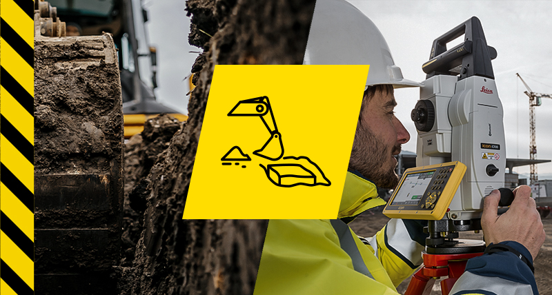 Logiciel de construction Leica iCON build pour terrassements et préparations de chantiers; un homme utilisant une station totale iCON