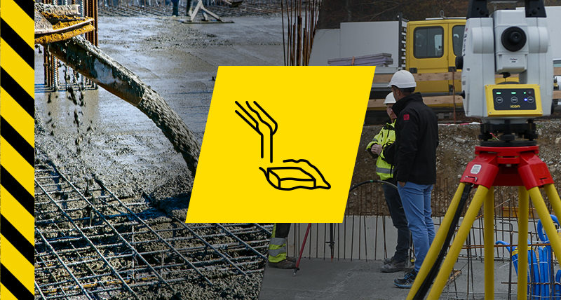 Getto di pali e solette in calcestruzzo per le fondazioni di un edificio, tre persone all'interno di un cantiere con la stazione totale Leica iCON