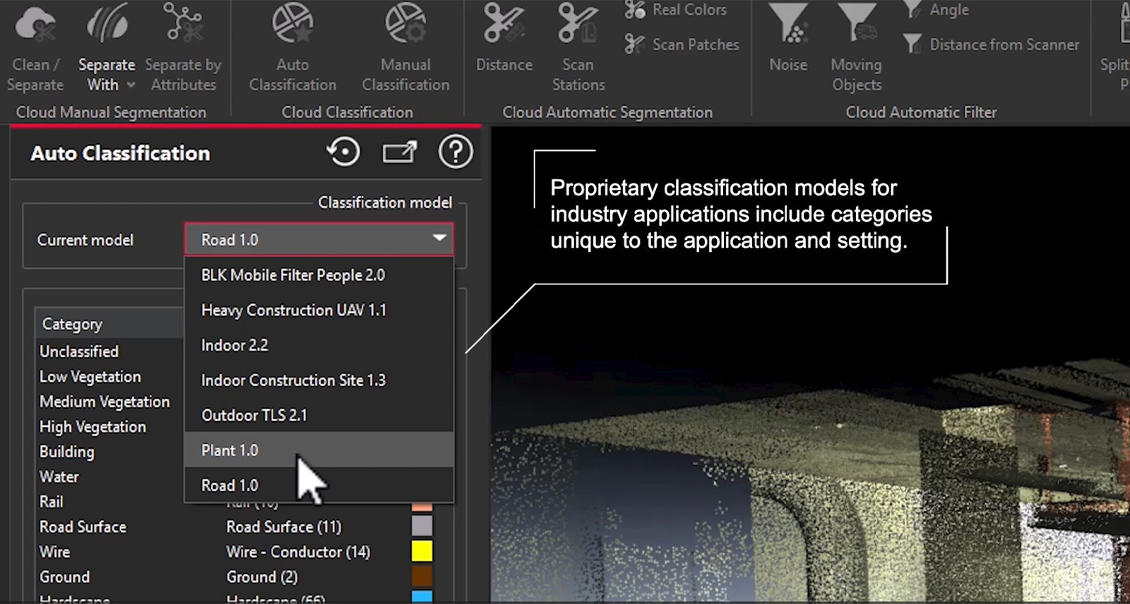 Automatically clean and classify objects in a point cloud with one click when using Cyclone 3DR AI Classification.