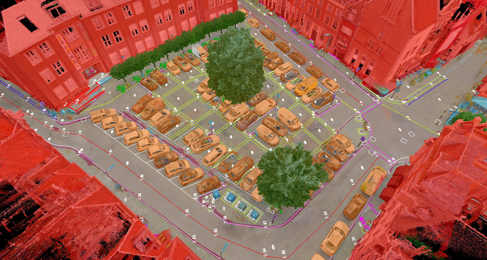 In about 30 minutes, Cyclone 3DR's AI classification feature categorises all objects of interest including buildings, curbs, tree types, parking spots, and utility poles.