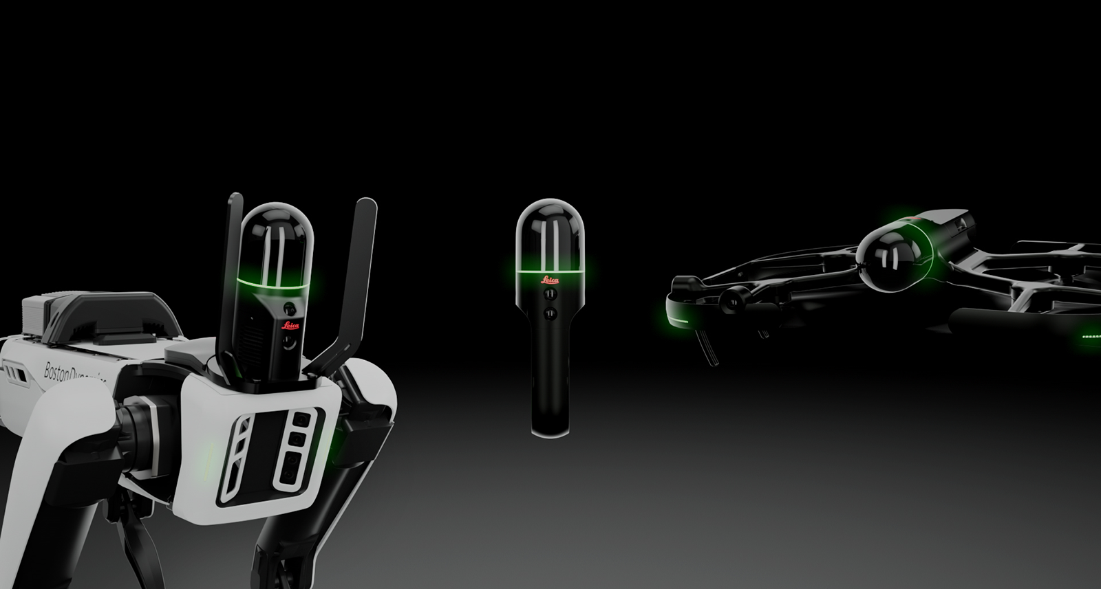 Marketing image of the Leica BLK ARC, Leica BLK2GO, and Leica BLK2FLY against black background