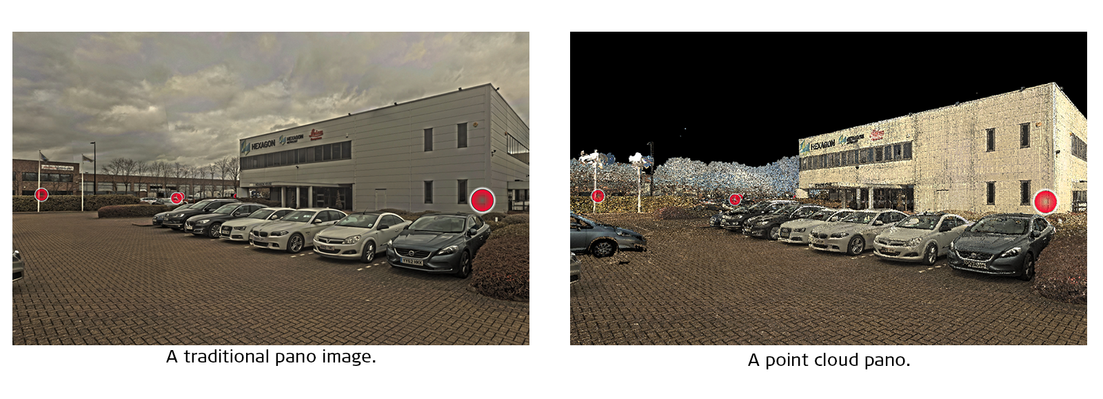 Side by side comparison of a regular image of a building and a point cloud image of the same building.