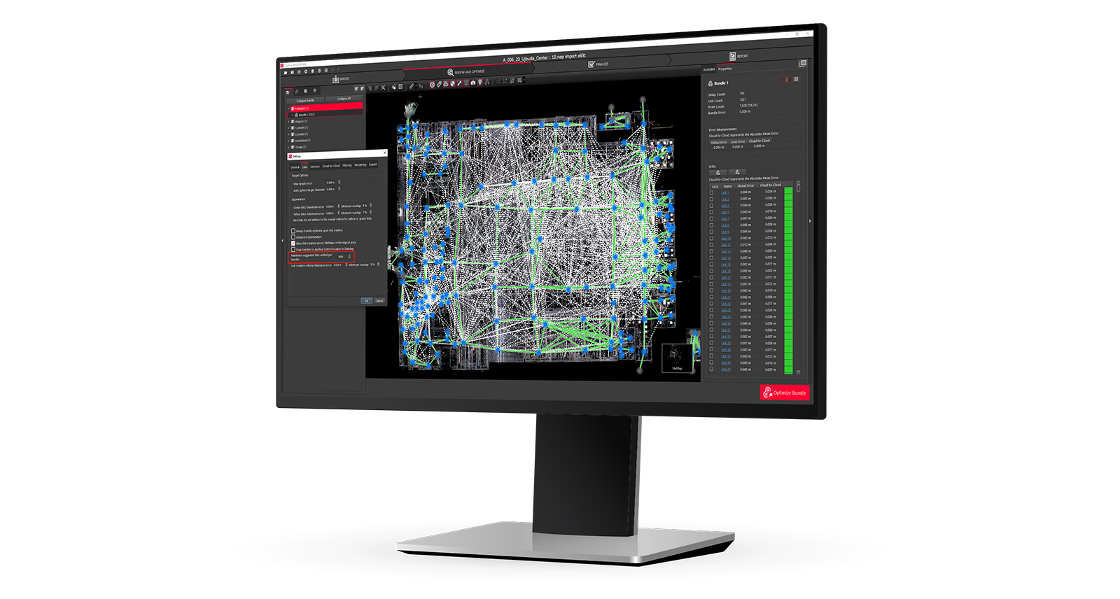 An example of suggested links are displayed as dashed lines on a computer screen in Leica Cyclone REGISTER 360.
