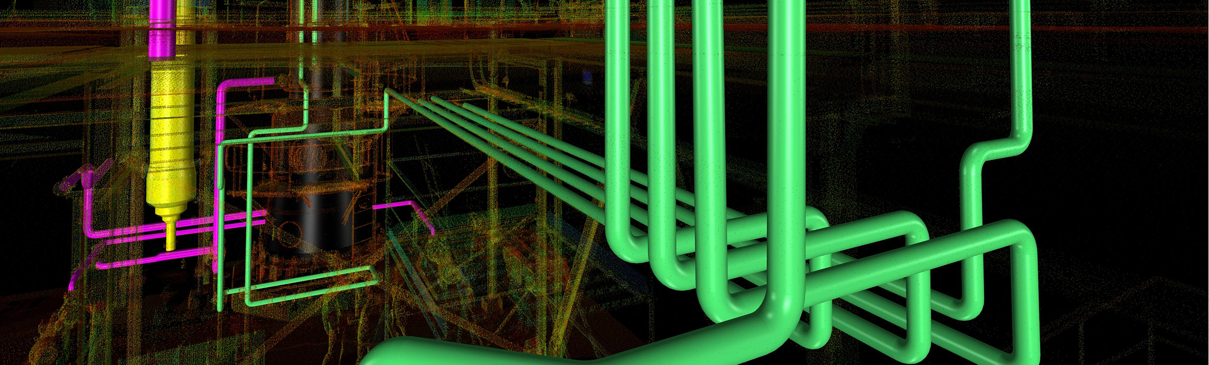 3D model of a plant interior with different piping features colour-coded for classification