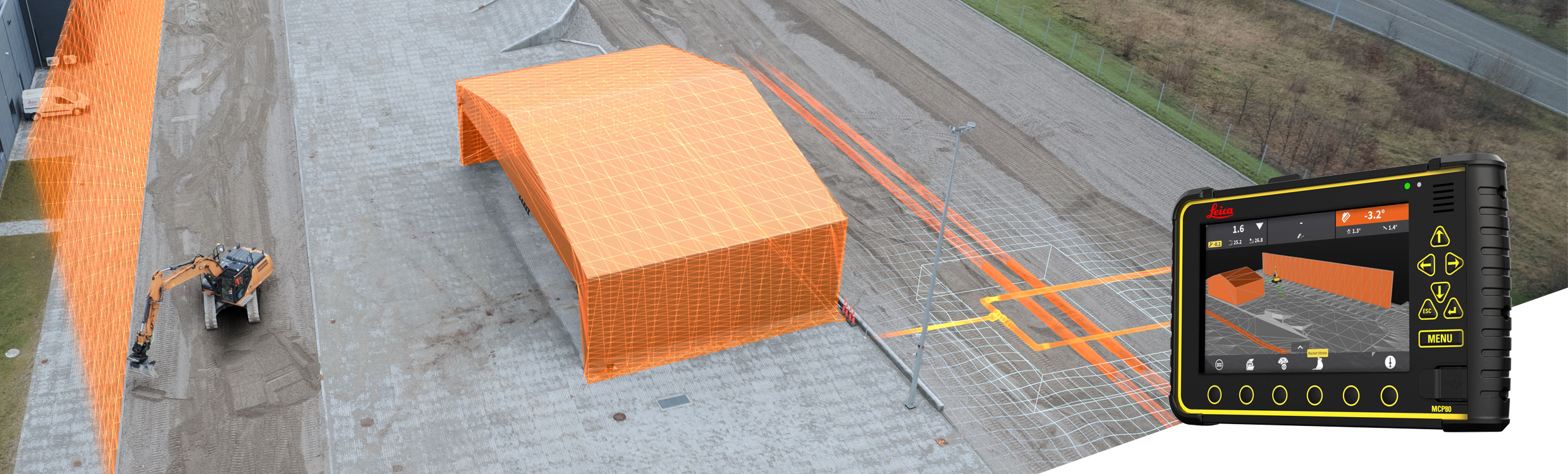 Logiciel de guidage d'engins Leica MC1 avec zone d'exclusion numérique 3D pour protéger les ressources de construction et l'infrastructure. 