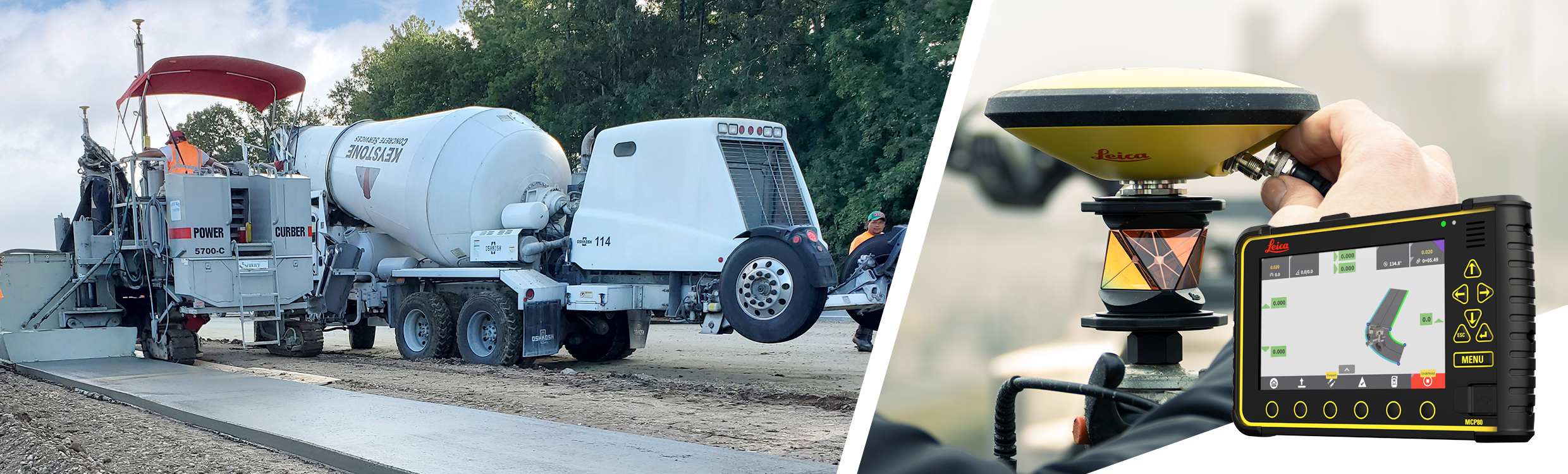 Leica MC1 machine control solution on a curb and gutter paver machine in road construction using the 1UP solution. 