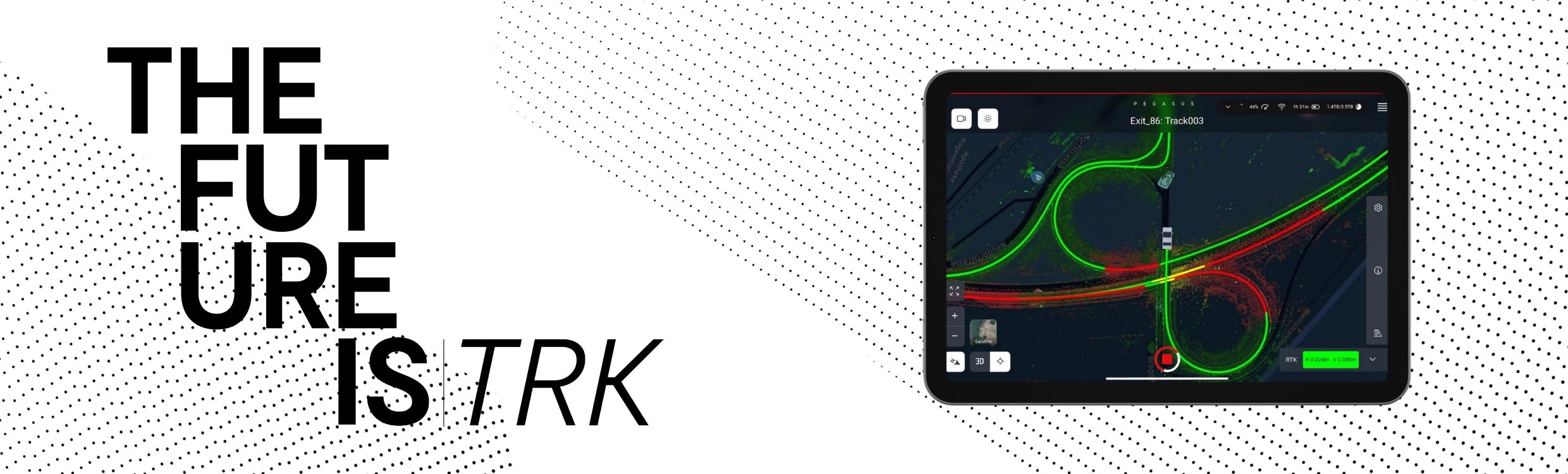 Tablet displaying Pegasus FIELD software promotional banner with 'THE FUTURE IS TRK' text, showcasing a tablet displaying mobile mapping software with a detailed green and red heatmap of a highway interchange, highlighting real-time data visualization and analysis.