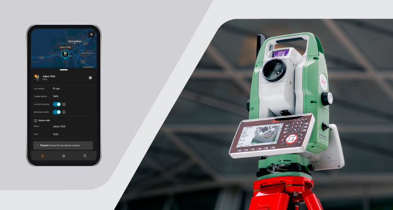 Leica TS20 robot-totalstation tilsluttet sikkerhedstjenesten GeoCloud Protect, der viser sporing på en smartphone.