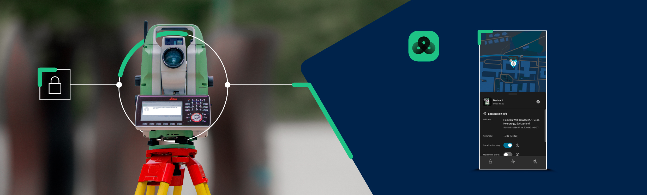 A Leica TS20 robotic total station connected to the security service GeoCloud Protect showing tracking on a smartphone