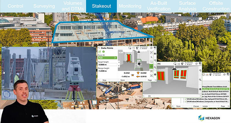 Product expert presents in front of a construction site image to show how the Leica MS60 scanning total station improves productivity.