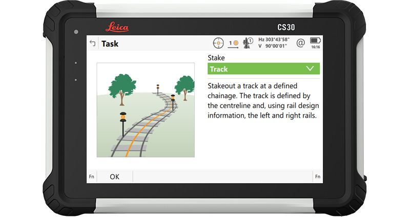 CS30 field controller showing a Leica Captivate Rail App screenshot of the stake track application.