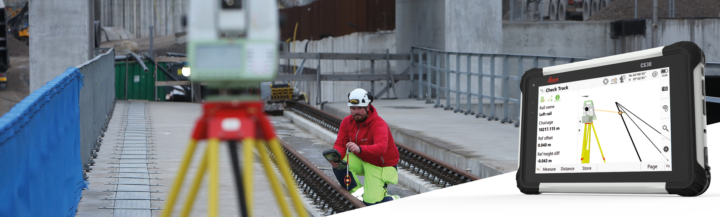 Surveyor checking tracks with MS60 scanning total station and CS30 field controller showing a Leica Captivate field sofware Rail App screenshot.