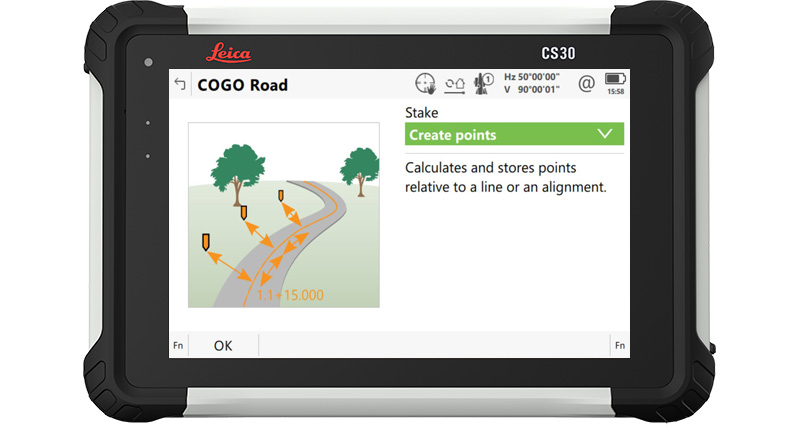 Leica Captivate field software COGO Road screenshot in the CS30 tablet.