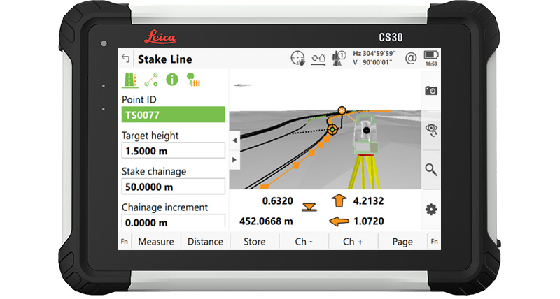 Leica Captivate field software showing a line stakeout screenshot in the CS30 tablet.