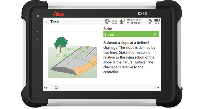 Leica Captivate field software slope stakeout screenshot in the CS30 tablet.