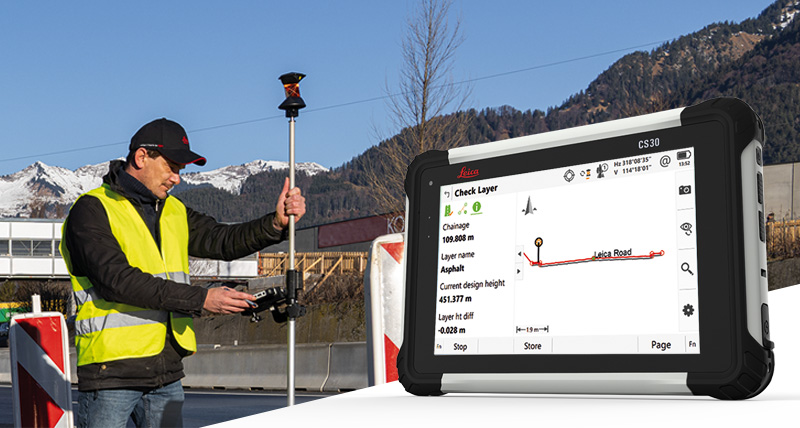 Thumbnail image of surveyor performing a layer check on a busy road with with CS30 tablet showing the Leica Captivate field software.