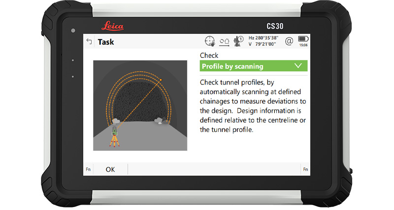 Leica Captivate field software tunnel app screenshot of the profile by scanning application on CS30 field controller.