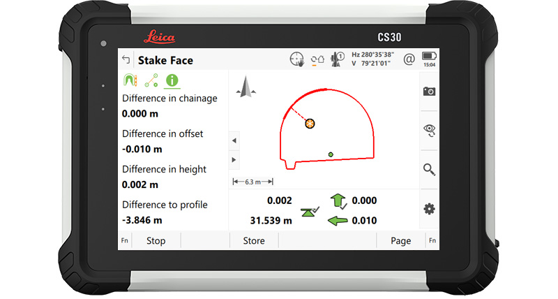 Leica Captivate field software tunnel app screenshot of stake tunnel face application on CS30 field controller.