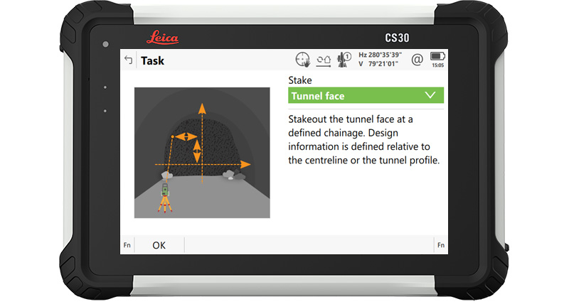 Stake tunnel face Leica Captivate field software tunnel app screenshot on CS30 field controller.
