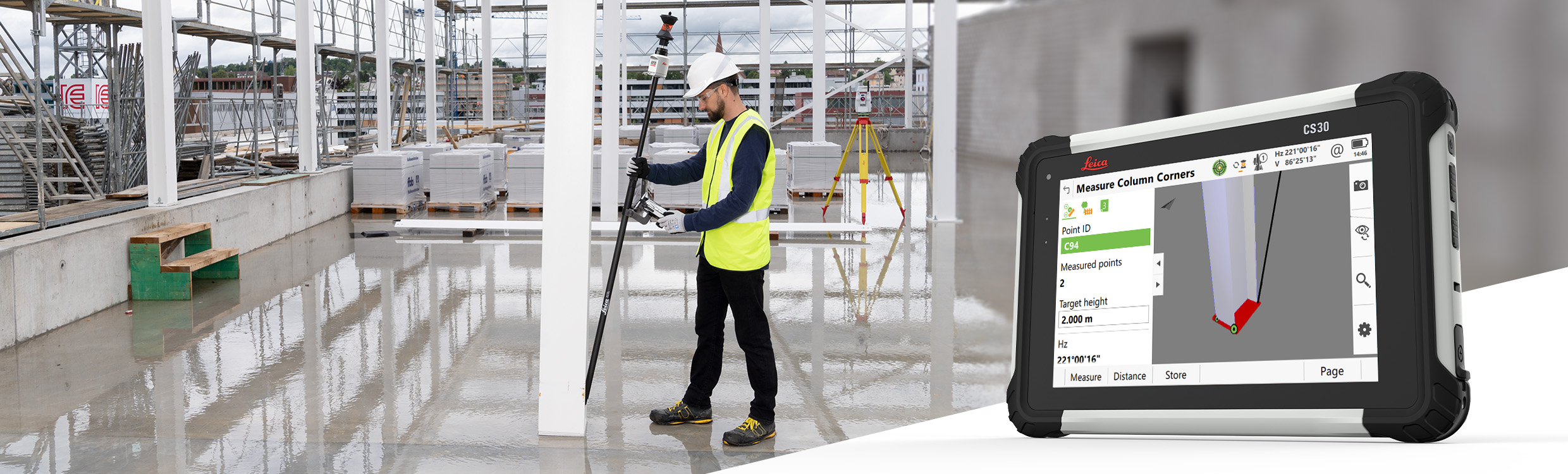 Engineering surveyor staking out a steel frame pillar on a construction site and Leica Captivate structural steel app on a CS30 tablet.