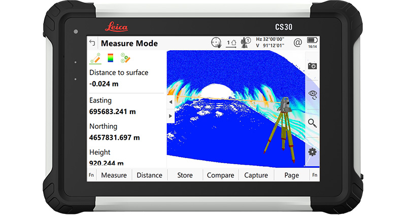  Leica Captivate surveying software screenshot showing a tunnel lining inspection displayed on CS30 tablet.