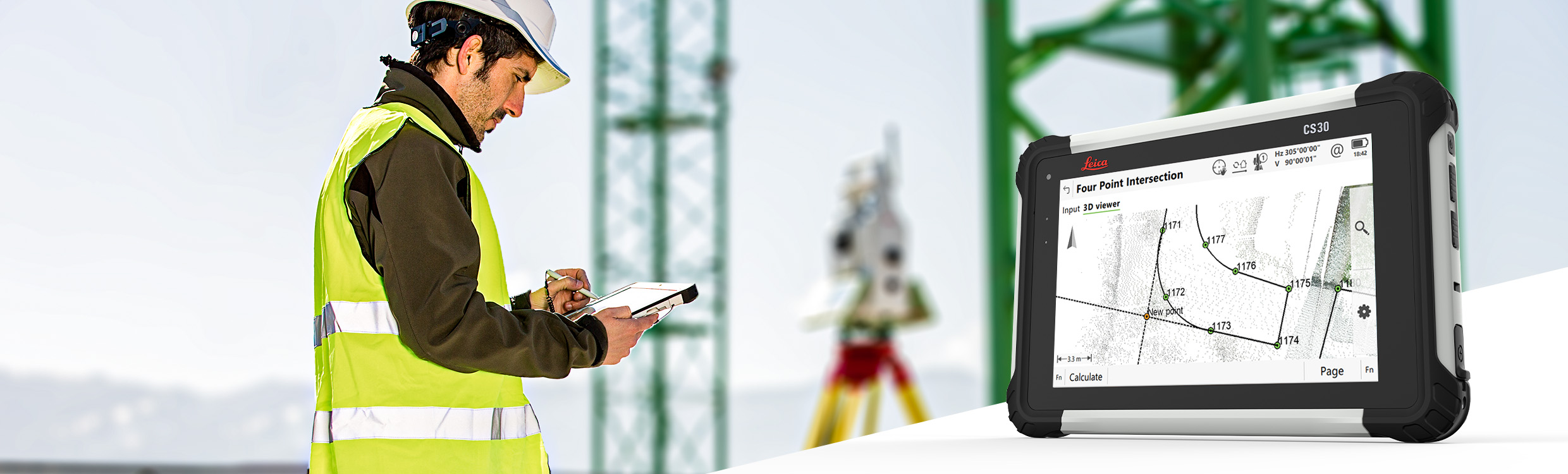 Kuvankaappaus geodeettisesta laskennasta CS30-tabletissa ja leikkauspistettä laskevasta mittaajasta.