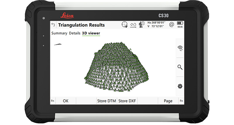 Leica Captivate surveying software Volume calculation app on a CS30 tablet showing a triangulated surface.