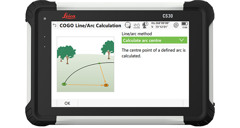 CS30 tablet showing the coordinate geometry app for performing in-field calculations in the Leica Captivate surveying software.